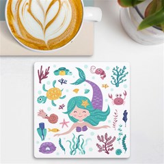 Set Cute Mermaid Seaweeds Marine In Habitants UV Print Square Tile Coaster 