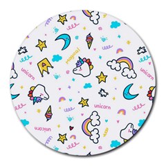 Unicorns Rainbows Seamless Pattern Round Mousepad by Bedest