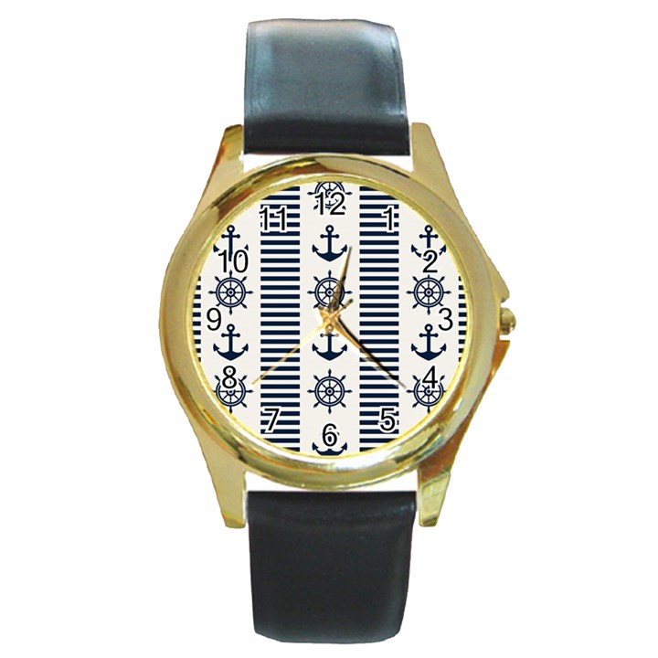 Nautical Seamless Pattern Vector Illustration Round Gold Metal Watch