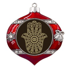 Hamsa Hand Drawn Symbol With Flower Decorative Pattern Metal Snowflake And Bell Red Ornament by Hannah976