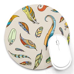 Vector Boho Doodle Feathers Seamless Pattern Illustration Round Mousepad