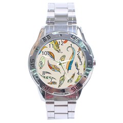 Vector Boho Doodle Feathers Seamless Pattern Illustration Stainless Steel Analogue Watch