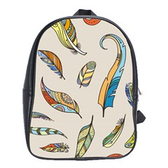 Vector Boho Doodle Feathers Seamless Pattern Illustration School Bag (XL)