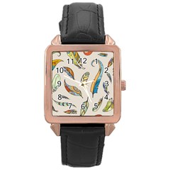 Vector Boho Doodle Feathers Seamless Pattern Illustration Rose Gold Leather Watch 