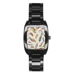 Vector Boho Doodle Feathers Seamless Pattern Illustration Stainless Steel Barrel Watch