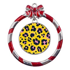 Leopard Print Seamless Pattern Metal Red Ribbon Round Ornament by Hannah976