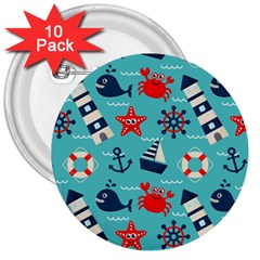 Seamless Pattern Nautical Icons Cartoon Style 3  Buttons (10 Pack)  by Hannah976