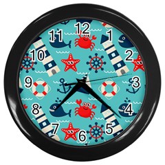 Seamless Pattern Nautical Icons Cartoon Style Wall Clock (black) by Hannah976