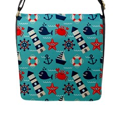 Seamless Pattern Nautical Icons Cartoon Style Flap Closure Messenger Bag (l)