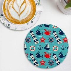 Seamless Pattern Nautical Icons Cartoon Style Uv Print Round Tile Coaster by Hannah976