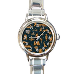 Dark Seamless Pattern Symbols Landmarks Signs Egypt Art Round Italian Charm Watch by Hannah976