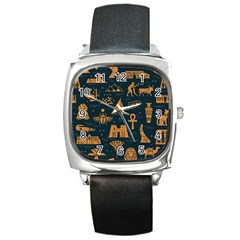 Dark Seamless Pattern Symbols Landmarks Signs Egypt Art Square Metal Watch by Hannah976