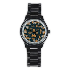 Dark Seamless Pattern Symbols Landmarks Signs Egypt Art Stainless Steel Round Watch by Hannah976