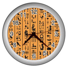 Egyptian Hieroglyphs Ancient Egypt Letters Papyrus Background Vector Old Egyptian Hieroglyph Writing Wall Clock (silver) by Hannah976