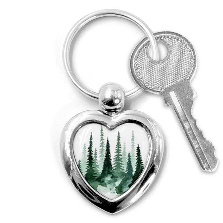 Tree Watercolor Painting Pine Forest Key Chain (Heart)