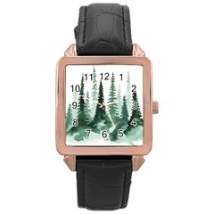 Tree Watercolor Painting Pine Forest Rose Gold Leather Watch  by Hannah976