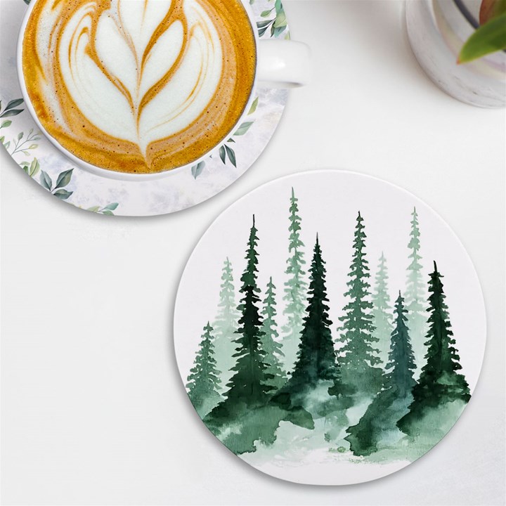 Tree Watercolor Painting Pine Forest UV Print Round Tile Coaster