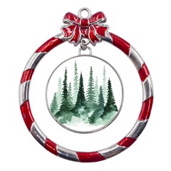 Tree Watercolor Painting Pine Forest Metal Red Ribbon Round Ornament by Hannah976