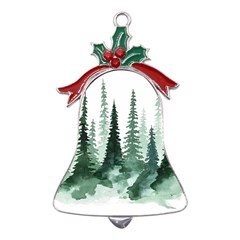 Tree Watercolor Painting Pine Forest Metal Holly Leaf Bell Ornament by Hannah976