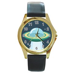 Illustration Ufo Alien  Unidentified Flying Object Round Gold Metal Watch by Sarkoni