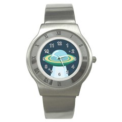 Illustration Ufo Alien  Unidentified Flying Object Stainless Steel Watch by Sarkoni