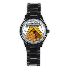 Unidentified Flying Object Ufo Under The Pyramid Stainless Steel Round Watch by Sarkoni