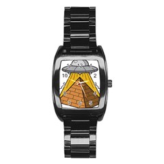 Unidentified Flying Object Ufo Under The Pyramid Stainless Steel Barrel Watch by Sarkoni