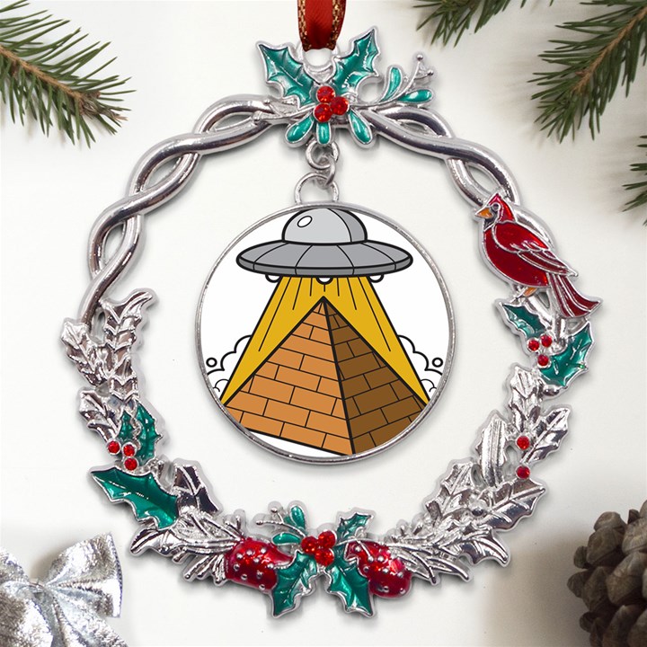 Unidentified Flying Object Ufo Under The Pyramid Metal X mas Wreath Holly leaf Ornament