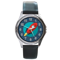 Rocket With Science Related Icons Image Round Metal Watch