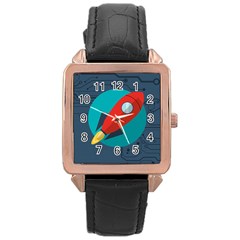 Rocket With Science Related Icons Image Rose Gold Leather Watch 