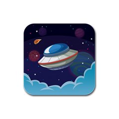 Ufo Alien Spaceship Galaxy Rubber Square Coaster (4 Pack) by Bedest