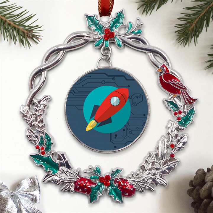 Rocket With Science Related Icons Image Metal X mas Wreath Holly leaf Ornament