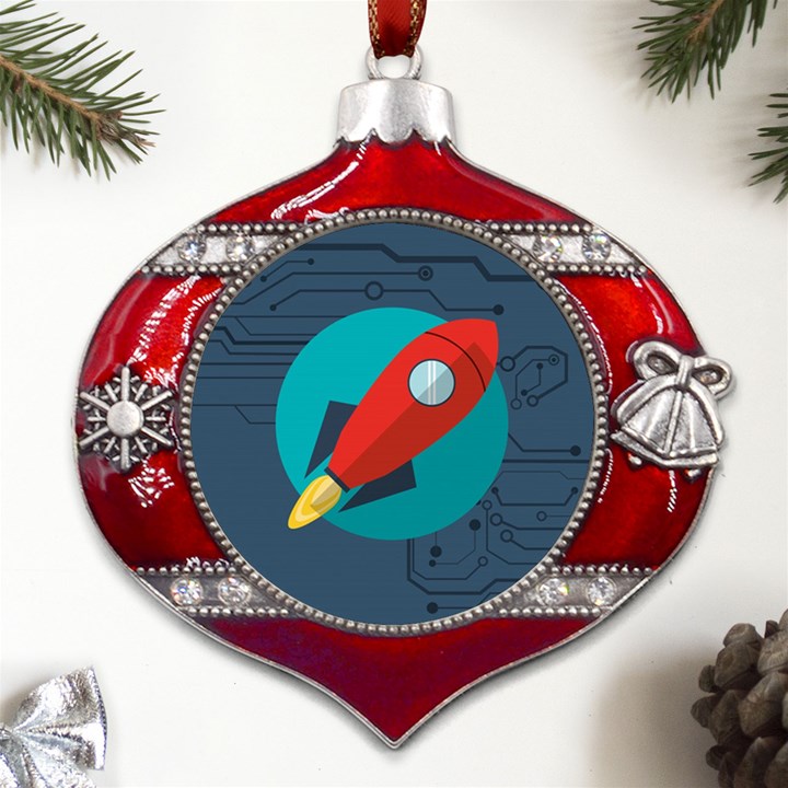 Rocket With Science Related Icons Image Metal Snowflake And Bell Red Ornament