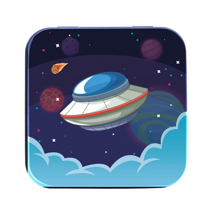 Ufo Alien Spaceship Galaxy Square Metal Box (Black)