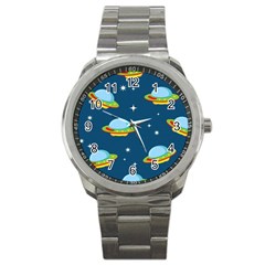 Seamless Pattern Ufo With Star Space Galaxy Background Sport Metal Watch by Bedest