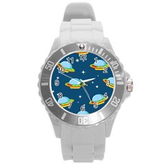 Seamless Pattern Ufo With Star Space Galaxy Background Round Plastic Sport Watch (l) by Bedest