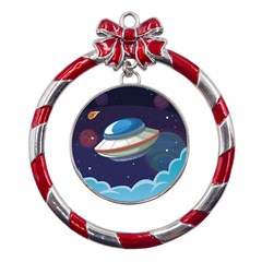 Ufo Alien Spaceship Galaxy Metal Red Ribbon Round Ornament