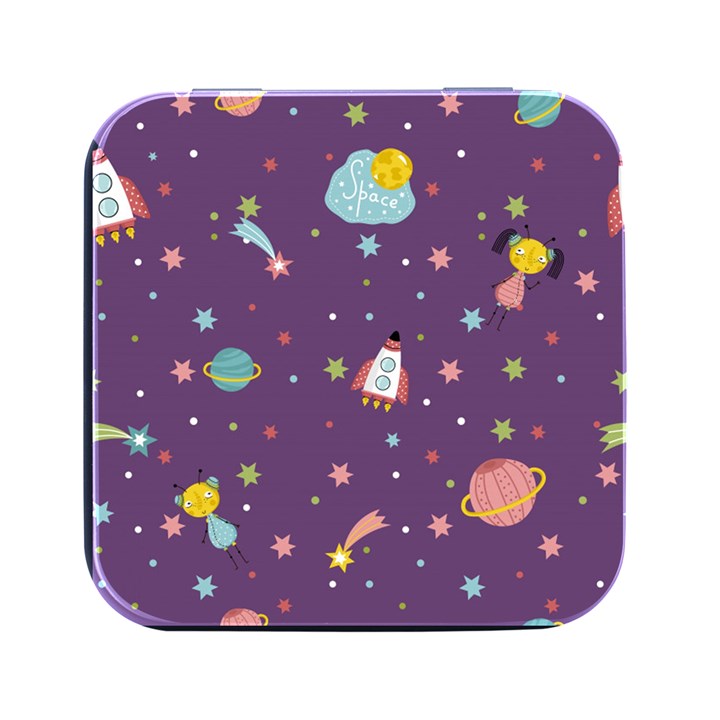 Space Travels Seamless Pattern Vector Cartoon Square Metal Box (Black)