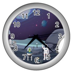 Alien Astronaut Scene Wall Clock (silver) by Bedest