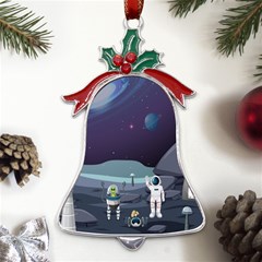 Alien Astronaut Scene Metal Holly Leaf Bell Ornament by Bedest