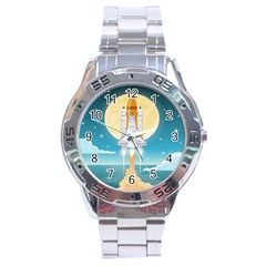 Space Exploration Illustration Stainless Steel Analogue Watch by Bedest