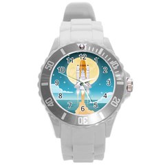 Space Exploration Illustration Round Plastic Sport Watch (l) by Bedest