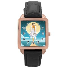 Space Exploration Illustration Rose Gold Leather Watch  by Bedest