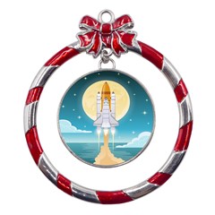 Space Exploration Illustration Metal Red Ribbon Round Ornament by Bedest