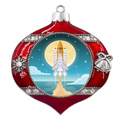 Space Exploration Illustration Metal Snowflake And Bell Red Ornament by Bedest