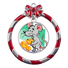 Mouse Cheese Tail Rat Mice Hole Metal Red Ribbon Round Ornament