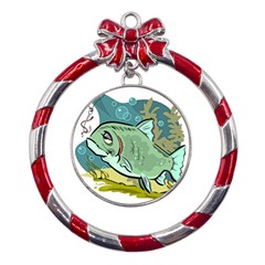 Fish Hook Worm Bait Water Hobby Metal Red Ribbon Round Ornament by Sarkoni