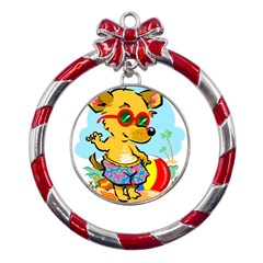 Beach Chihuahua Dog Pet Animal Metal Red Ribbon Round Ornament