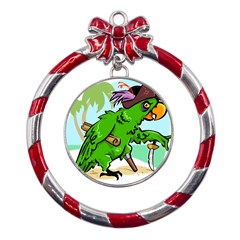 Parrot Hat Cartoon Captain Metal Red Ribbon Round Ornament by Sarkoni