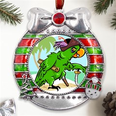 Parrot Hat Cartoon Captain Metal X mas Ribbon With Red Crystal Round Ornament by Sarkoni